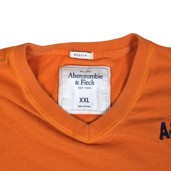 Y2K Abercrombie & Fitch Mens 2XL Orange V-Neck Muscle Fit Tee A&F Appliquéd - Picture 6 of 10